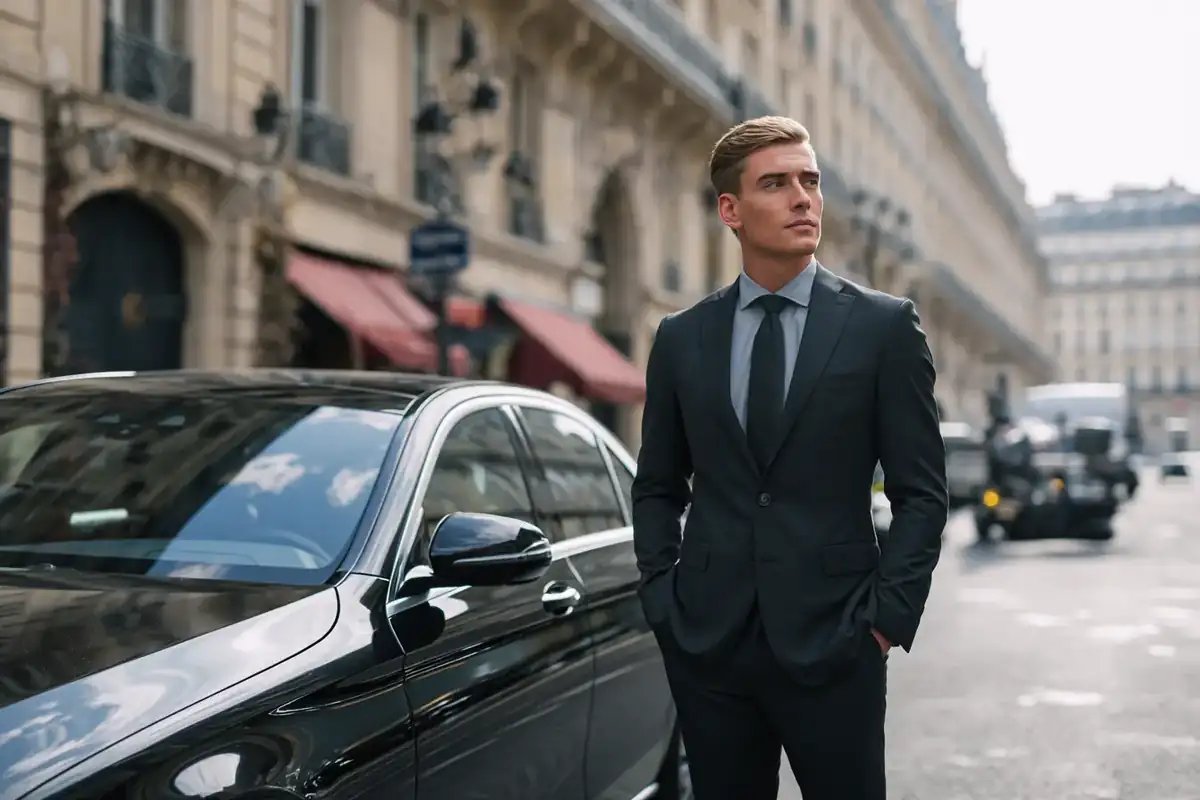Young professional chauffeur in a dark suit beside a black Mercedes on a Paris street.