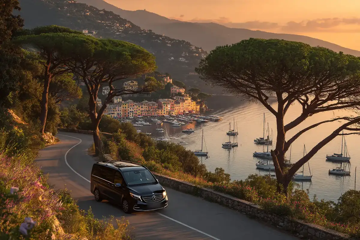 Black van on a winding Riviera coast road at sunset above a glittering bay.