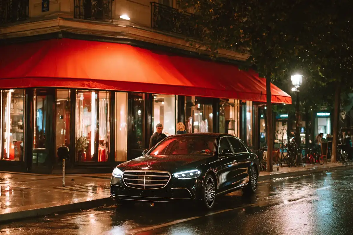 Black sedan under a red awning on a Parisian avenue at night.