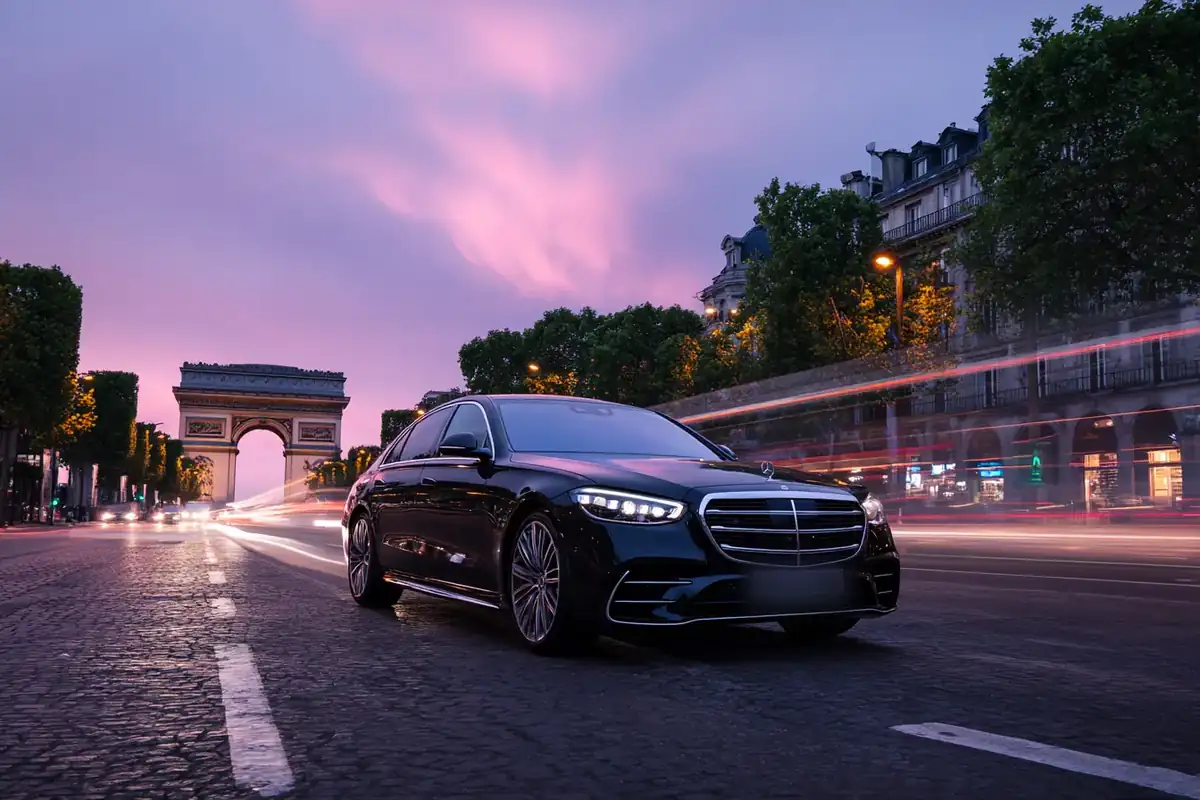Black sedan on the Champs-Élysées with the Arc de Triomphe at dusk.