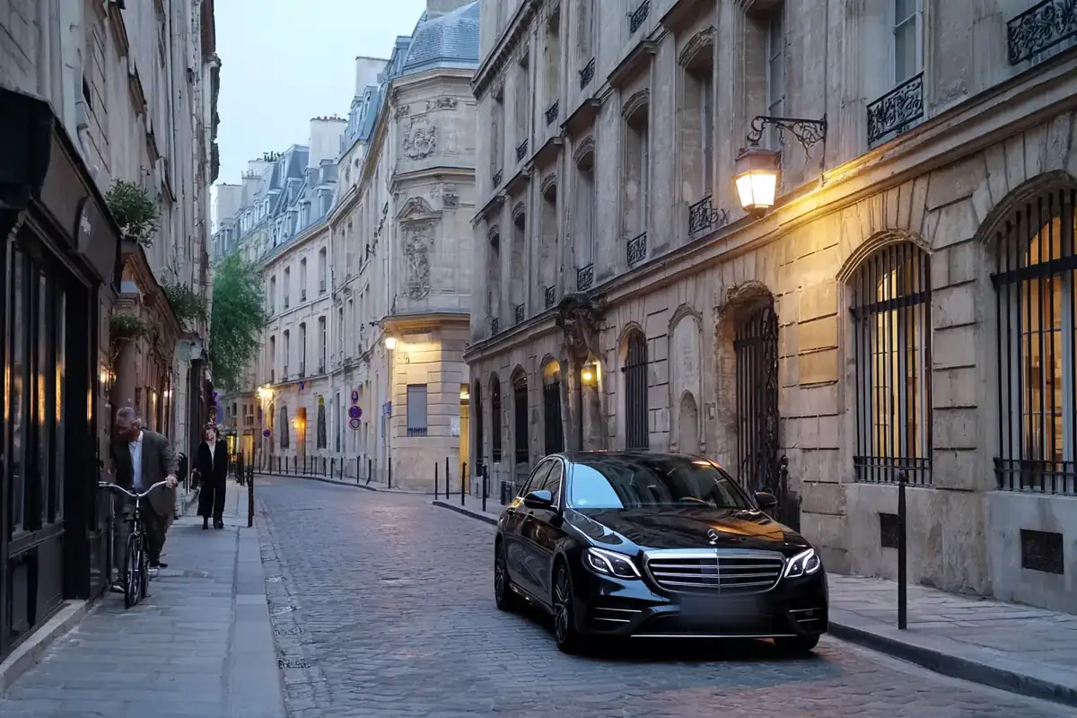 Black sedan on a calm Paris 7th-arrondissement street at dusk.