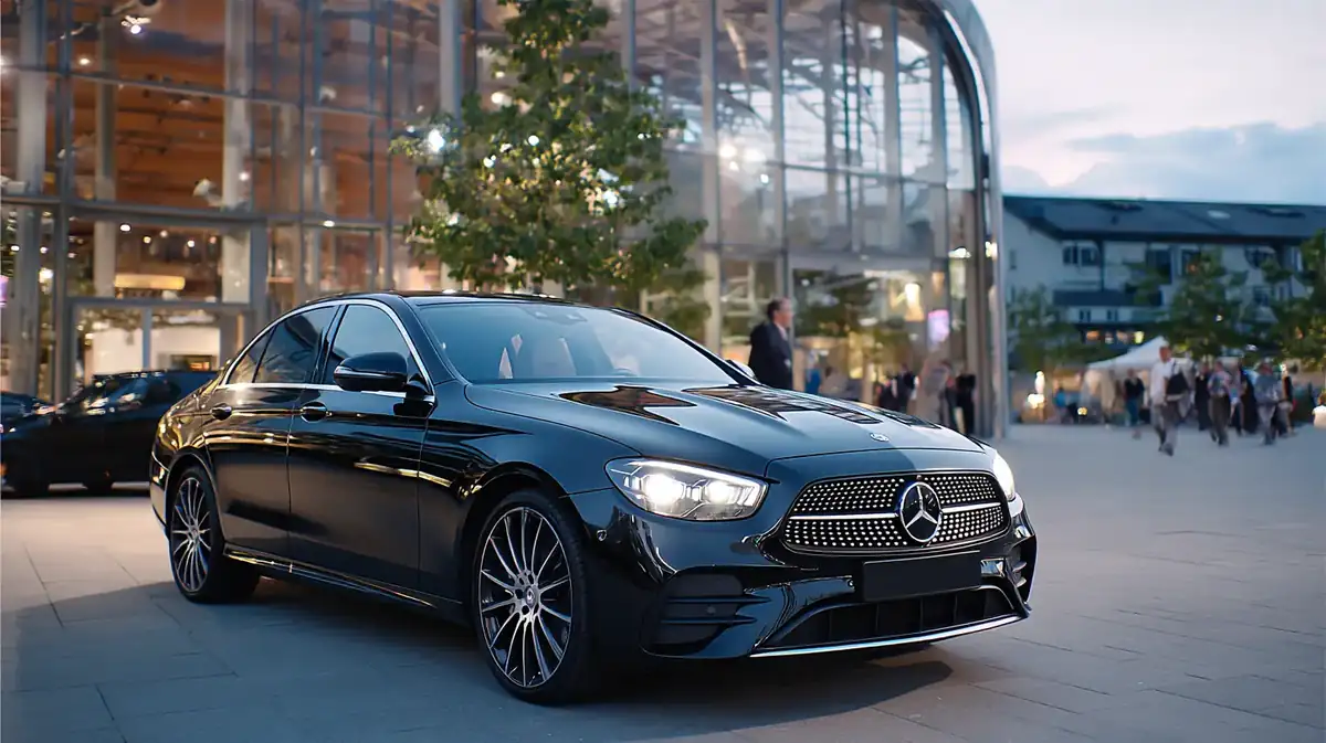 Black sedan outside a glass-roofed exhibition hall glowing at night.