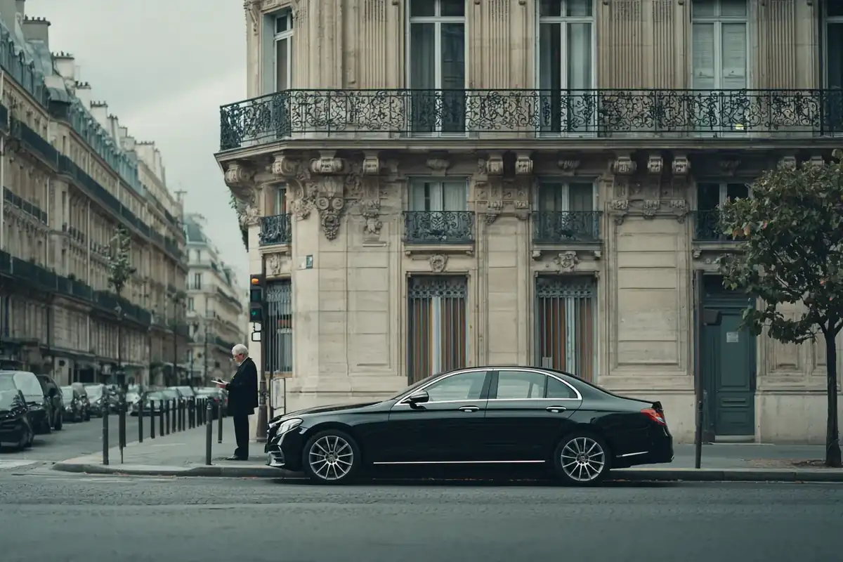Chauffeur waiting by a black sedan in front of a Haussmann building in the morning.