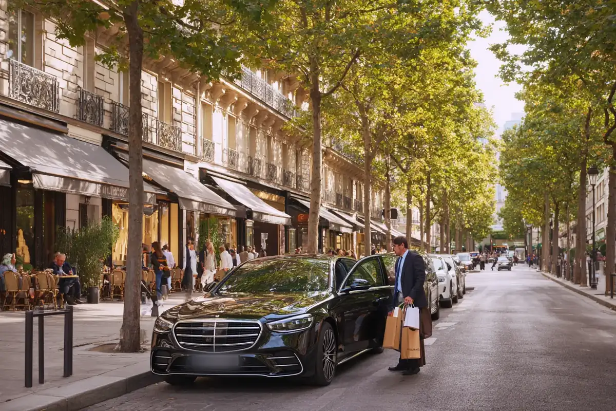 Chauffeur holding the door of a black sedan on a tree-lined luxury shopping avenue.