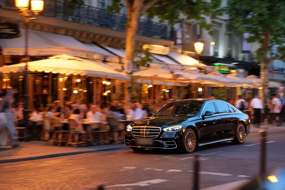 Left Bank boulevard at evening with a black sedan passing blurred cafe terraces.