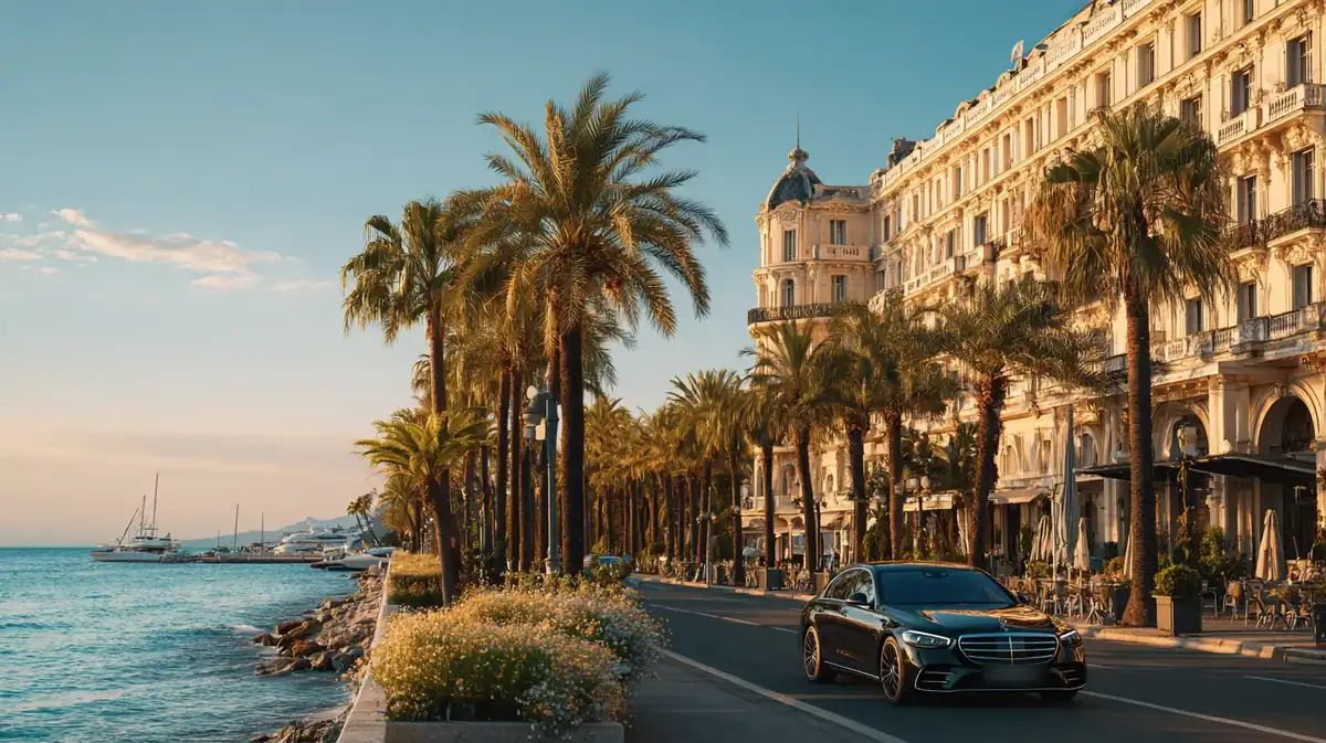 Black sedan on a Mediterranean seafront boulevard at golden hour with palms and yachts.