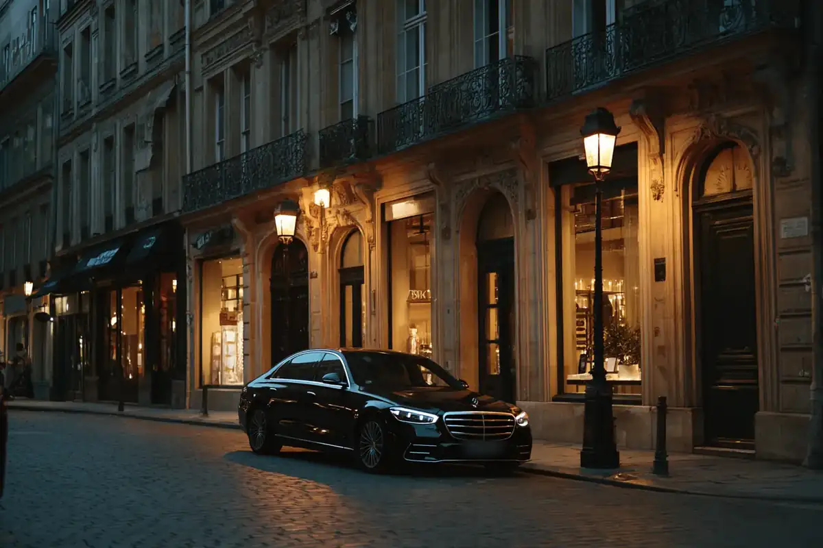 Elegant jewellery-quarter square at dusk with a black sedan beside a lamp post.