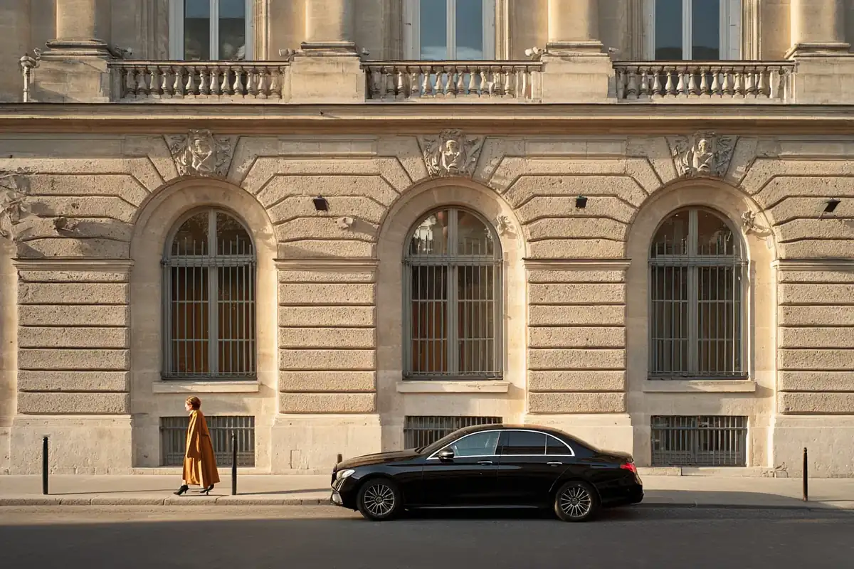 Minimalist stone facade with tall arched windows at early morning, a black sedan parked at an angle.