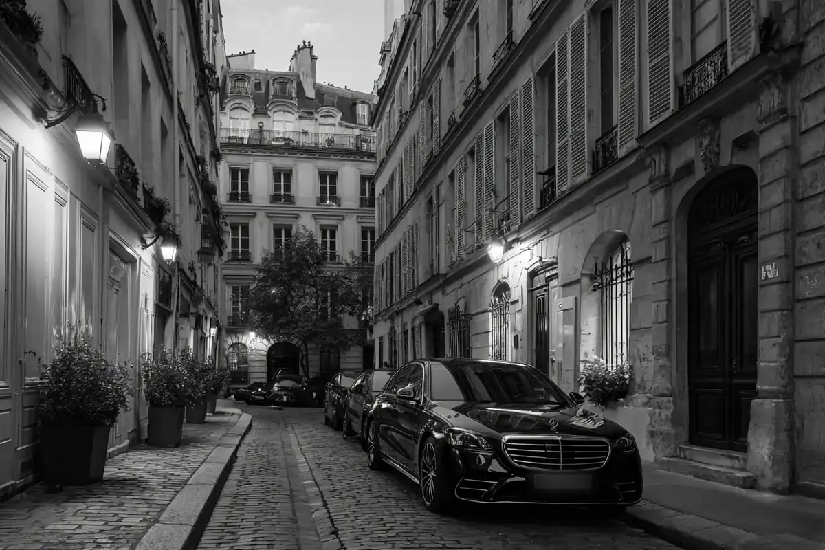Narrow Parisian street of pale stone facades at blue hour with a black sedan waiting.