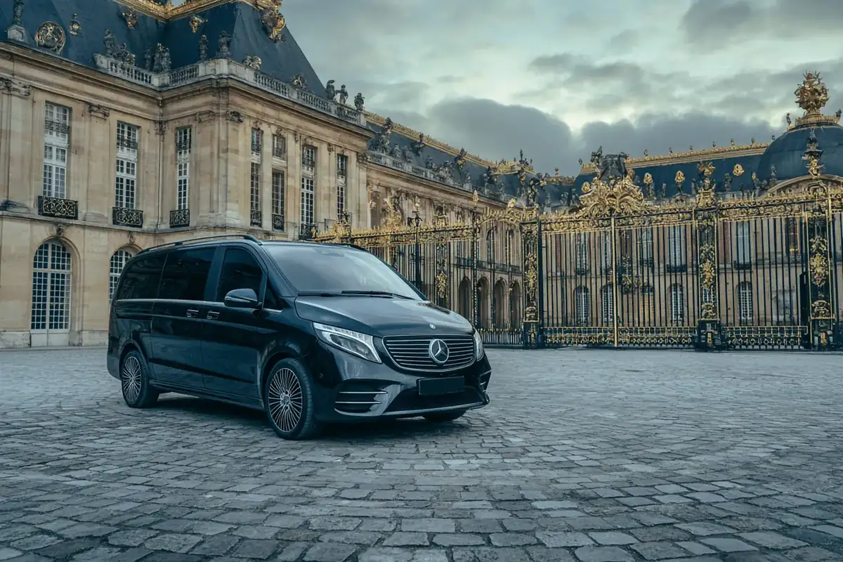 Black van on the forecourt of the Château de Versailles before the golden gates.