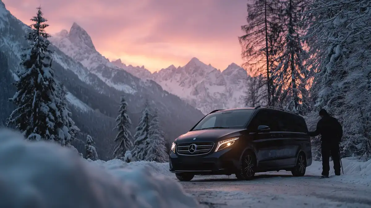 Black van on a snowy Alpine road at dawn, chauffeur silhouetted brushing frost off the door.