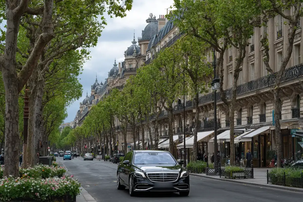 Parisian avenue with chestnut trees and pearl-grey facades, a black sedan at the curb.