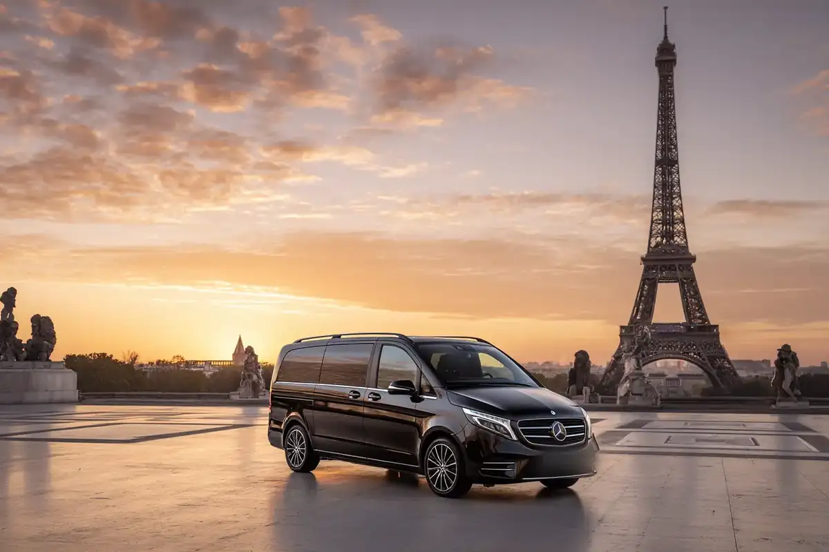 Black van on the Trocadéro esplanade at sunrise with the Eiffel Tower behind.