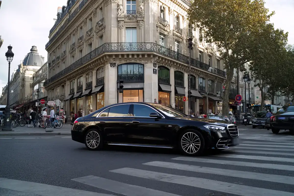 Black sedan on a Haussmann boulevard near an ornate corner department store.