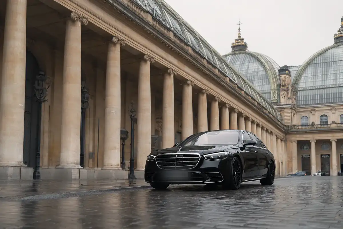 Black sedan before the stone colonnade of the Grand Palais in soft light.