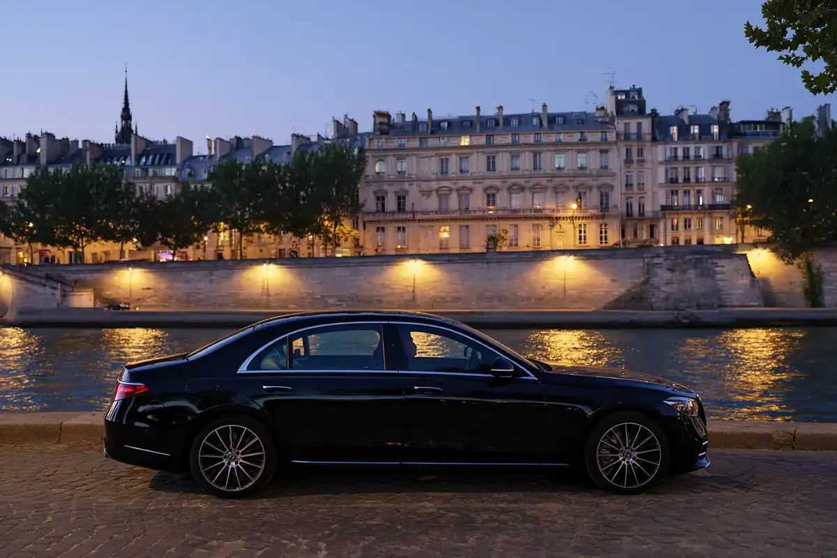 Black sedan on the Quai de Conti with the Seine at blue hour.