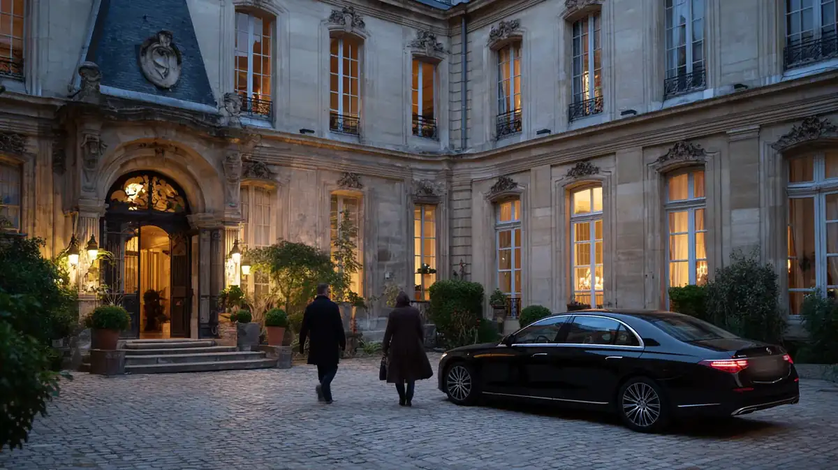 Black sedan in a candlelit mansion courtyard on a winter evening, silhouettes in long gowns.