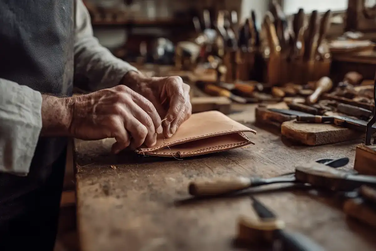 Leather workshop with hand-stitched goods on a bench, a black sedan reflected in the window.