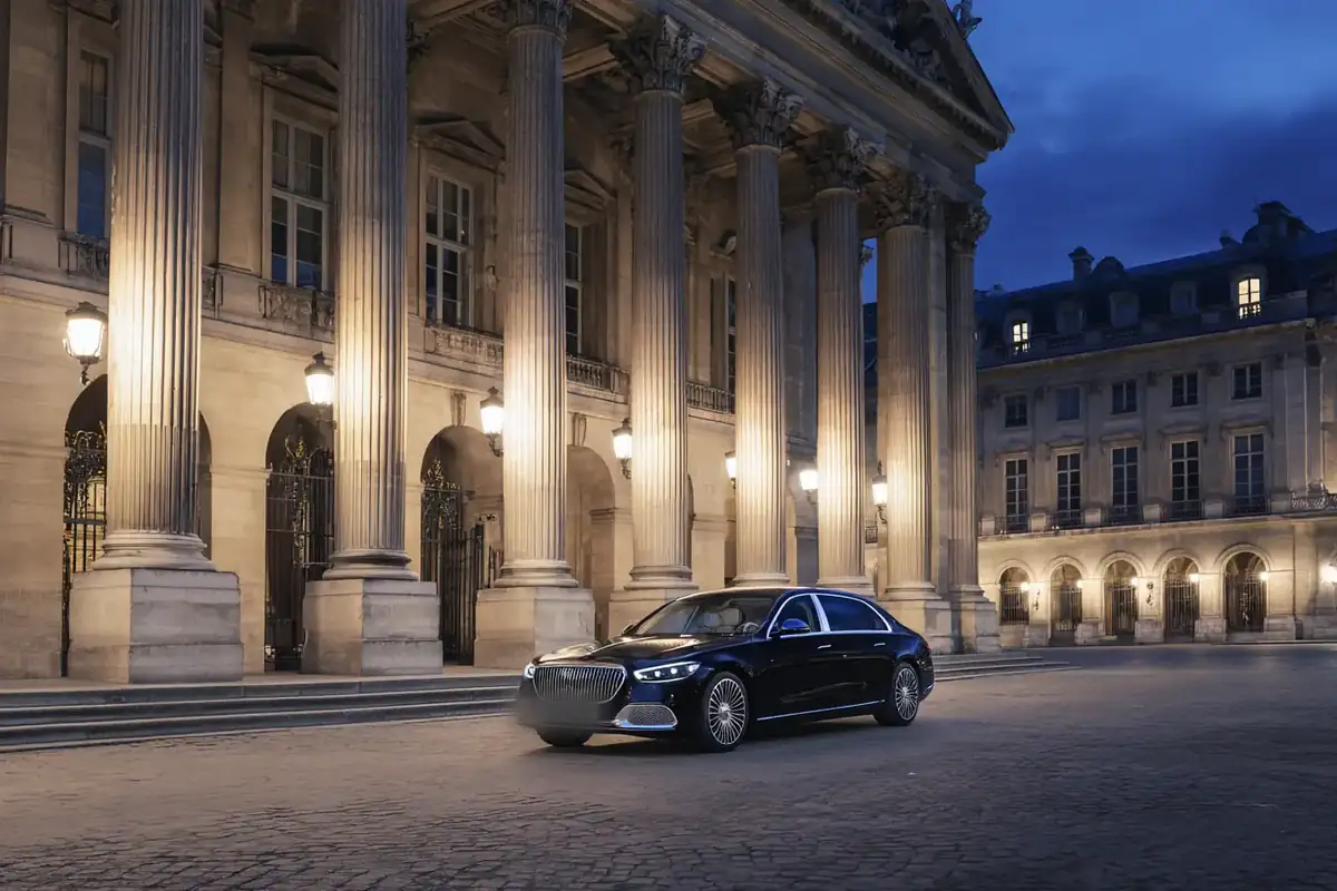 Black Maybach sedan before a neoclassical colonnade at blue hour in Paris.