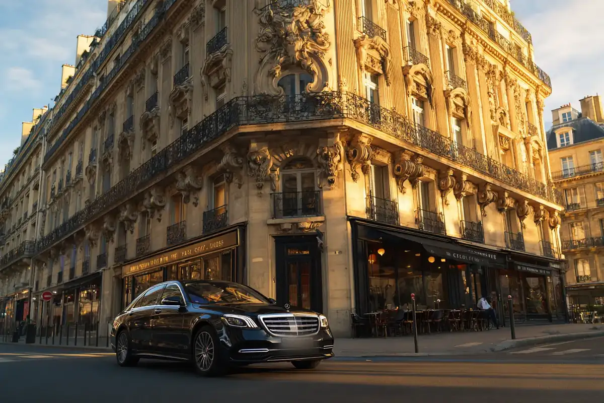 Black sedan before an Art Nouveau stone facade on a Left Bank corner at golden hour.