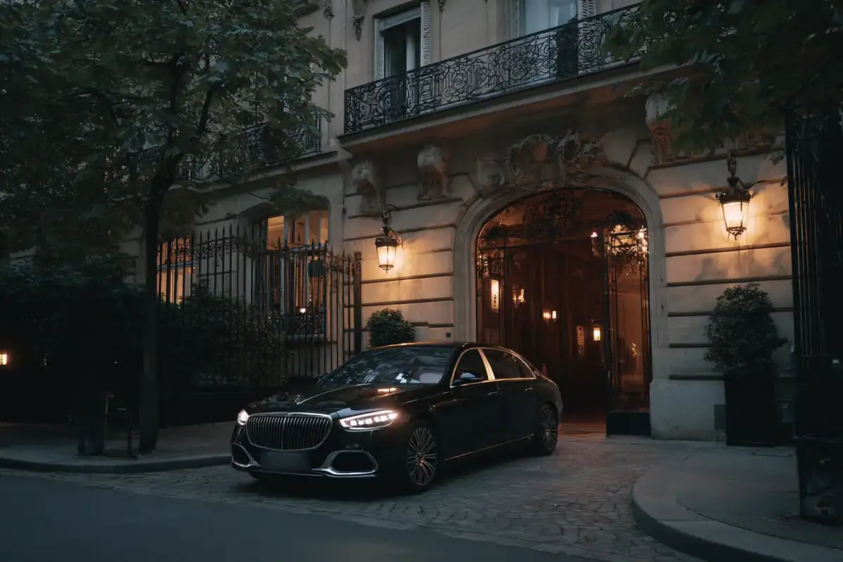 Black Maybach sedan at the gated entrance of a private-mansion hotel at dusk.