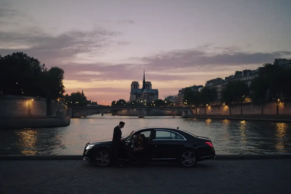 Couple stepping from a black sedan on a Seine quay with Notre-Dame in the distance at dusk.