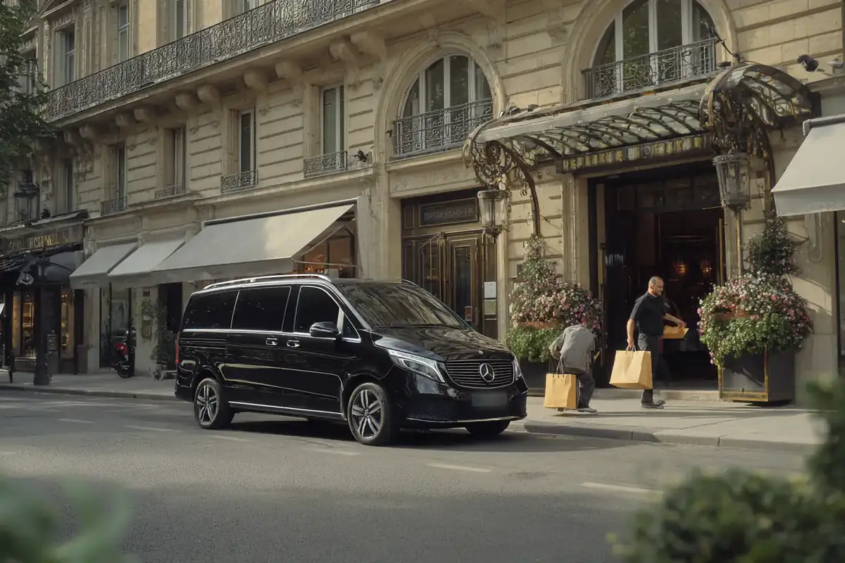 Black van at a Left Bank department-store entrance while shopping bags are loaded.