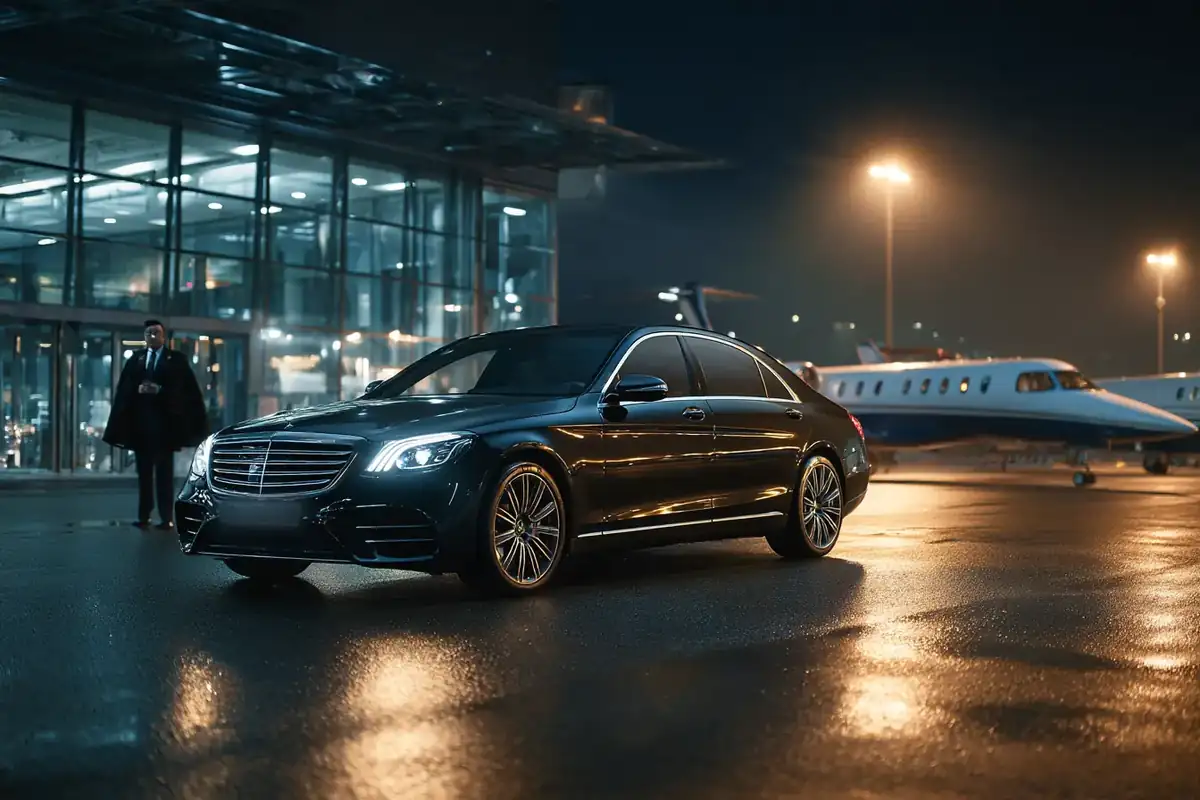 Black sedan by a private aviation terminal at night, chauffeur seen from behind.