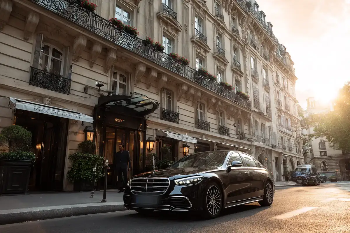 Black sedan at the entrance of a Haussmann-style luxury hotel at golden hour.