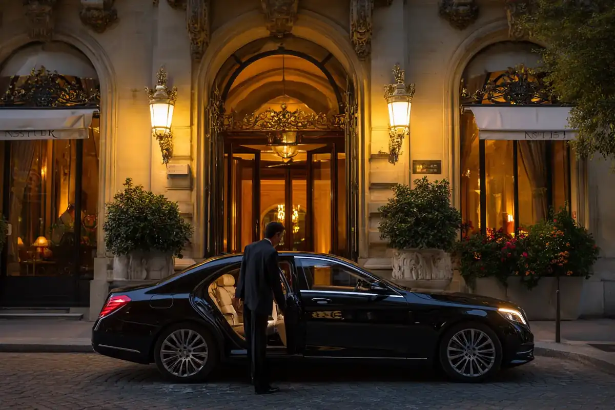 Chauffeur opening the door of a black sedan for a couple at a lit palace-hotel entrance.