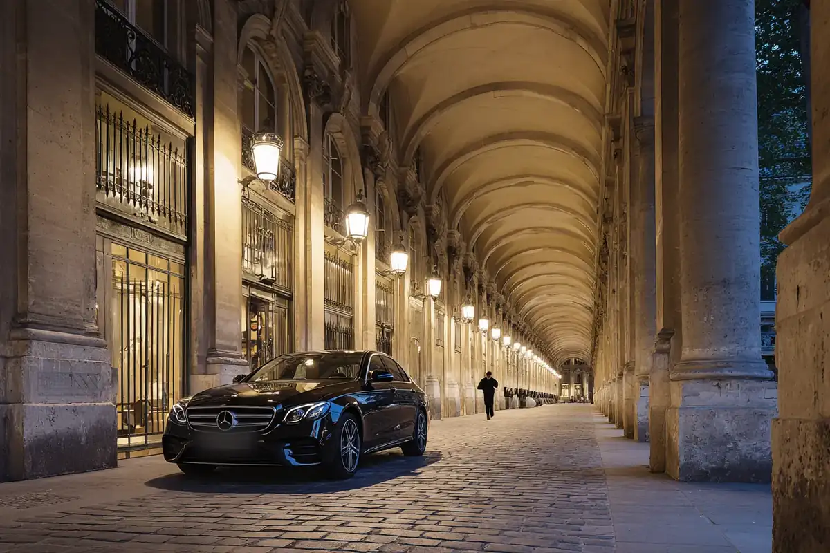 Black sedan under the lit arcades of the Palais-Royal in the evening.