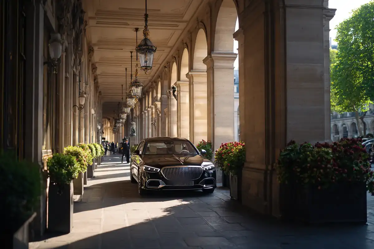 Black sedan under the arcades of a Rue de Rivoli hotel in soft morning light.