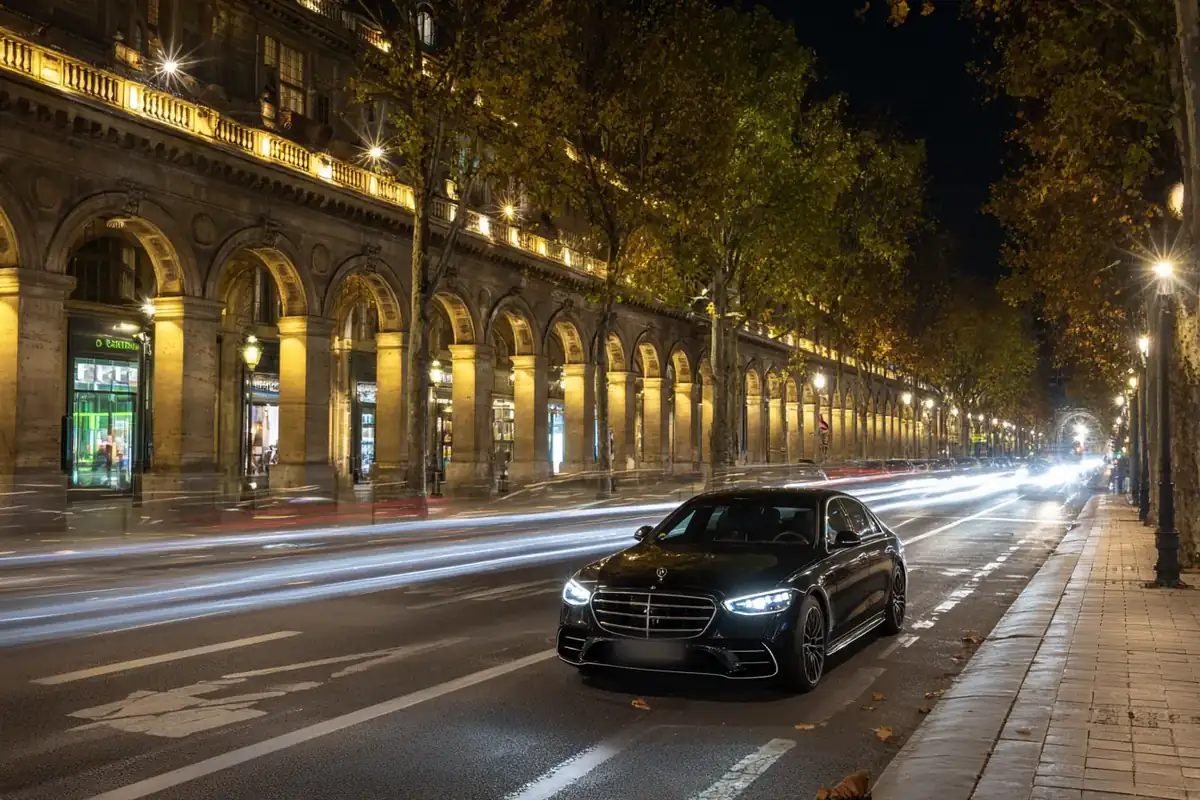 Grand Paris avenue at night with light trails and a sharp black sedan at the curb.
