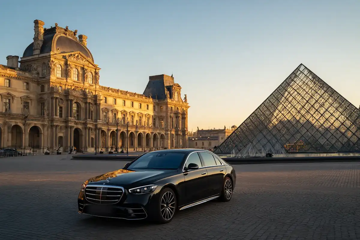 Black sedan before the Louvre pyramid and palace wings at golden hour.
