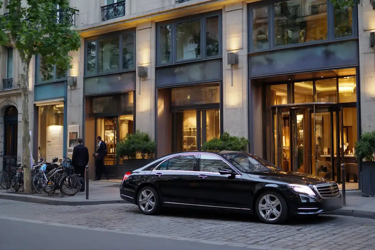 Black sedan in front of a chic glass-and-stone hotel on Rue Saint-Honoré.