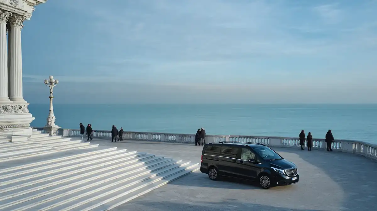 Black van on a seaside congress esplanade on a clear spring morning.