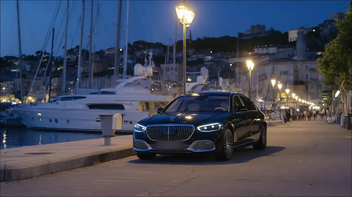 Black sedan on a hillside coastal road above a yacht harbour at dusk.
