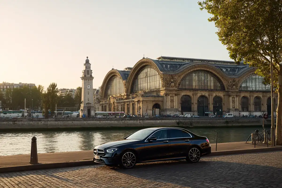Black sedan on the Seine left bank before the Musée d’Orsay at golden hour.