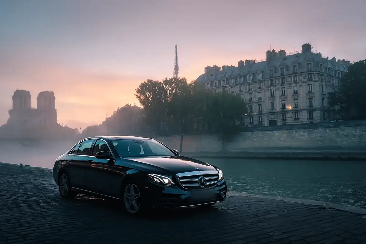 Black sedan on a Seine quay opposite Notre-Dame at sunrise in light mist.