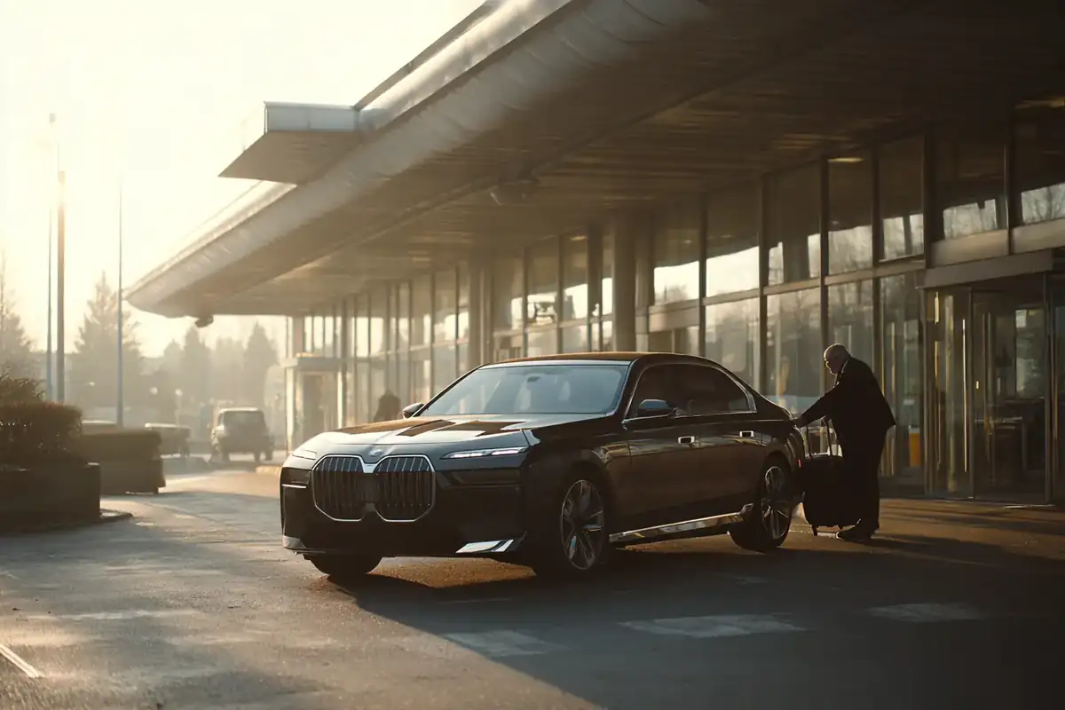 Black BMW i7 outside a 1960s airport terminal in bright morning sun.