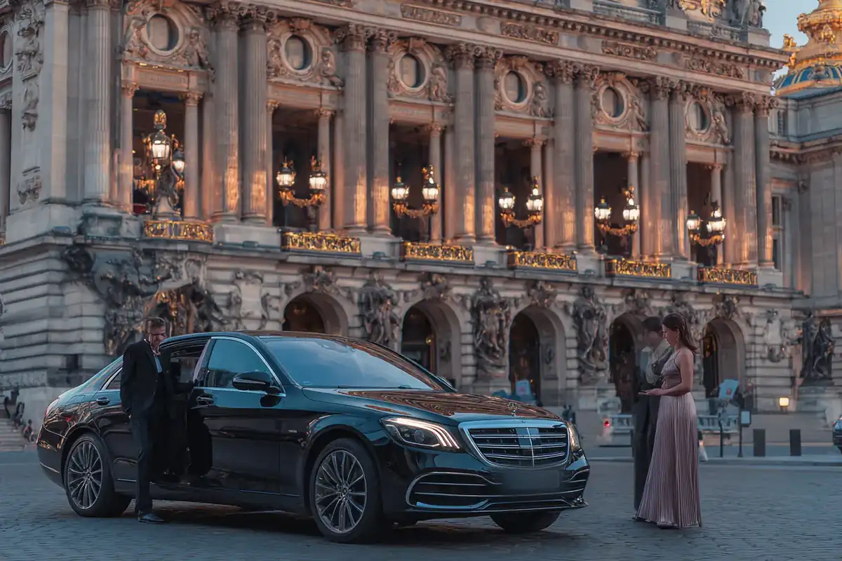 Chauffeur and black sedan before the Palais Garnier as guests in evening dress arrive.