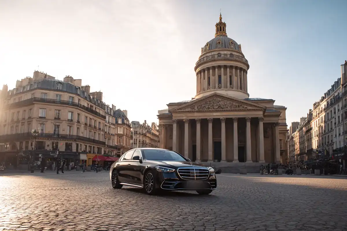 Black sedan on the cobbled square before the Panthéon in the Latin Quarter.