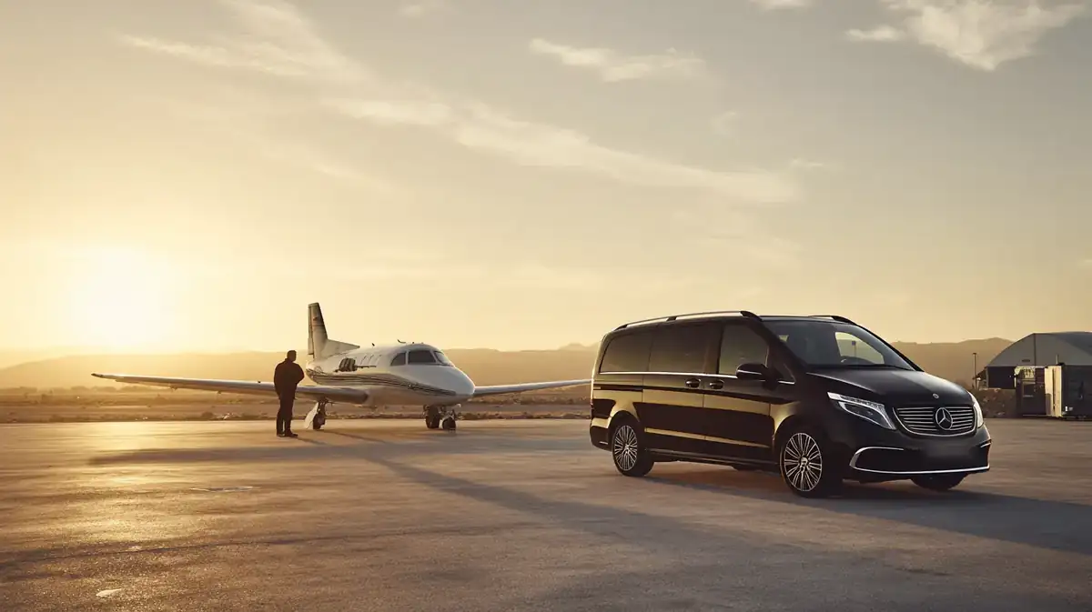 Black van on an airfield road at dusk, a jet silhouetted in the distance.