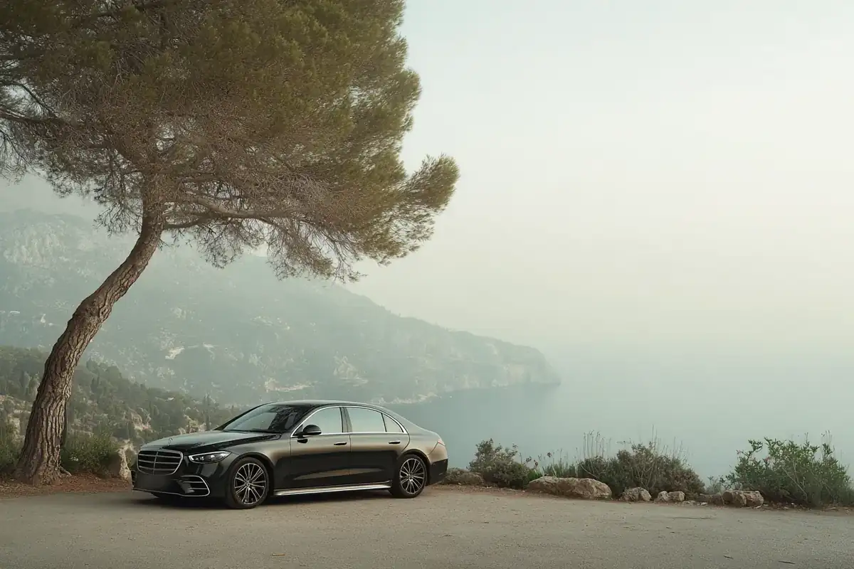 Black sedan on a cliff road above a turquoise sea with pastel villas and cypresses.