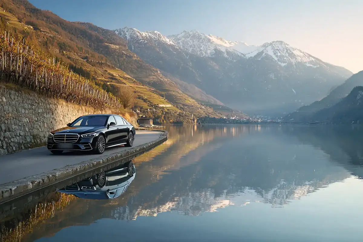 Black sedan along an alpine lake road in the morning, snowy peaks reflected in the water.