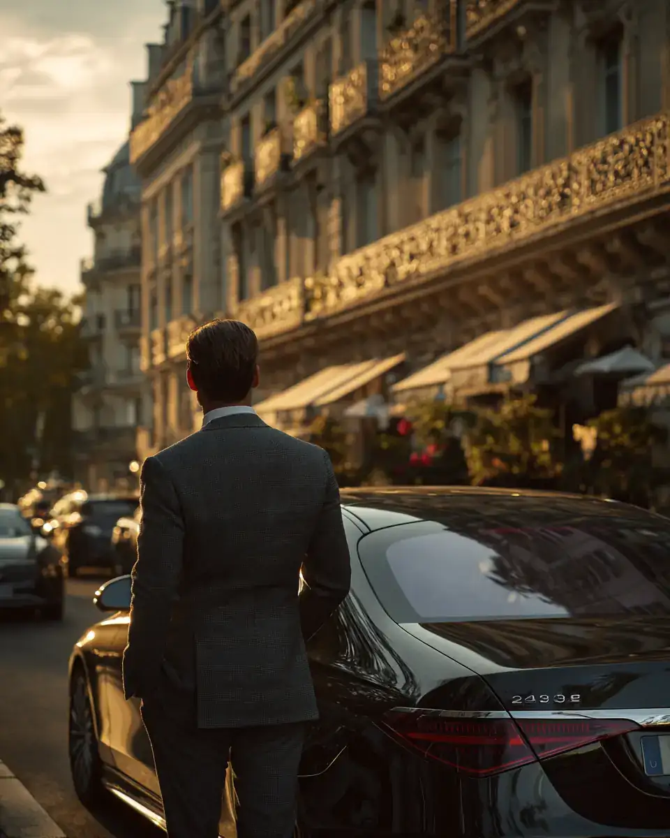 Chauffeur in a dark suit seen from behind beside a black S-Class on a Haussmann street.