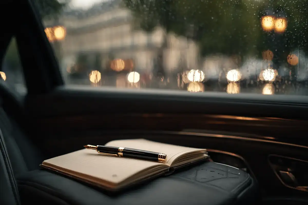 Leather notebook and fountain pen on a sedan armrest, a rainy Paris street blurred outside.