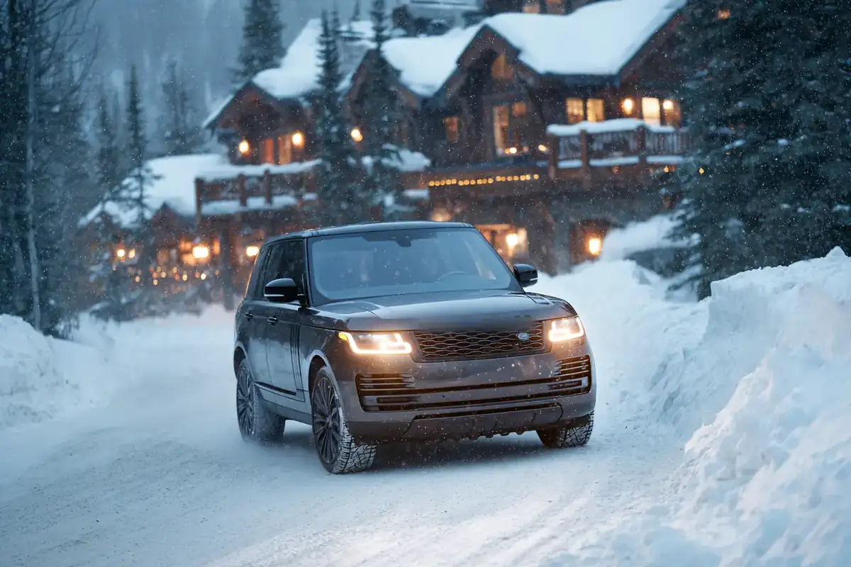 Black Range Rover on a mountain hairpin toward a ski resort at dusk, chalets glowing.