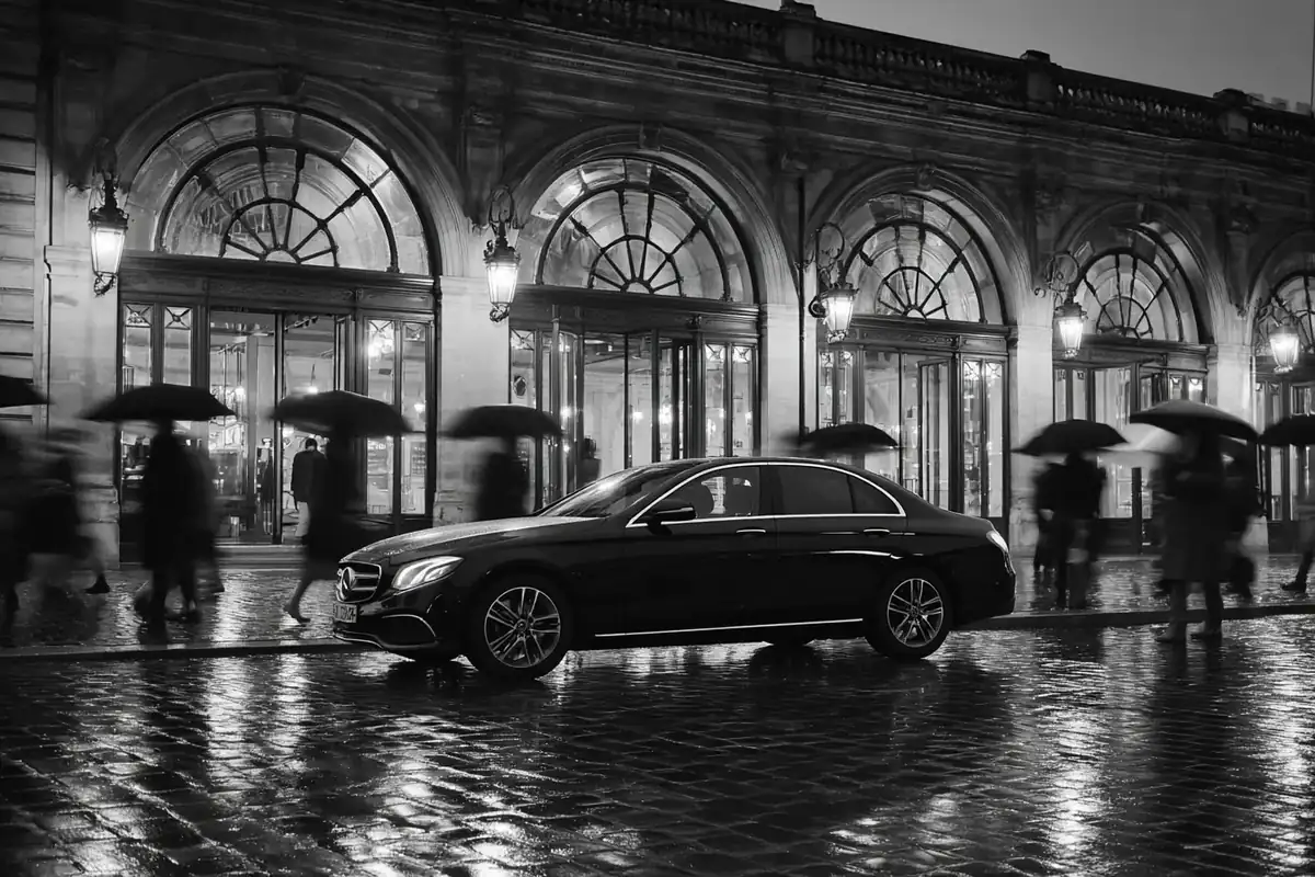 Black sedan on the forecourt of a Parisian railway station in rainy dusk.