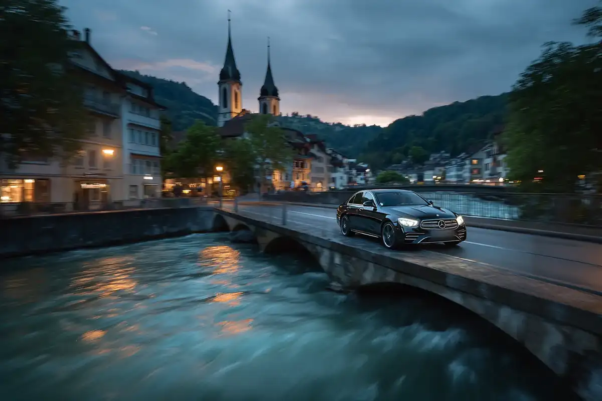 Black sedan crossing a stone bridge over a river in a Swiss old town at twilight.